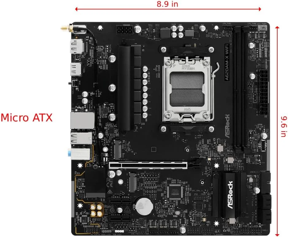 مادربرد ASRock A620AM-X WiFi Micro-ATX | سوکت AMD AM5 | پشتیبانی از Ryzen 9000/8000/7000 | DDR5 8000+ OC | WiFi 5 | LAN 2.5G | BIOS Flashback