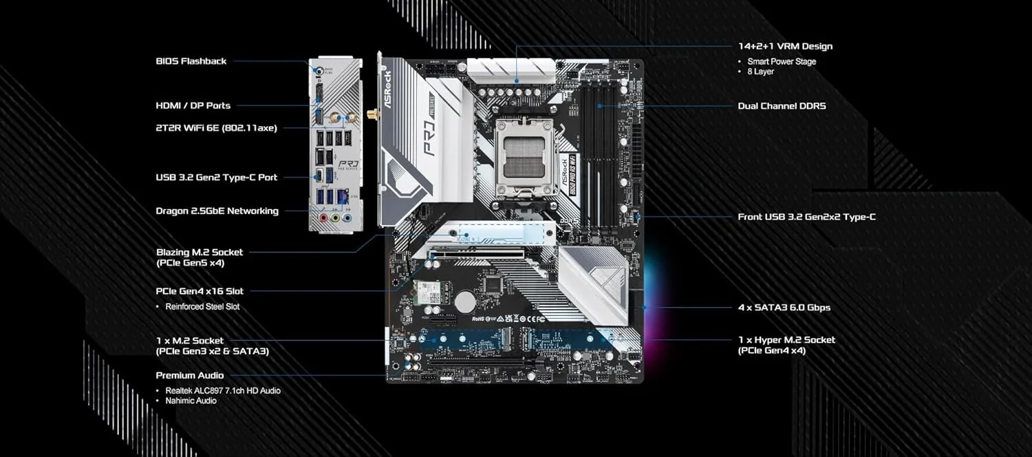 مادربرد ASRock B650 Pro RS WiFi سازگار با پردازنده‌های سری AMD Ryzen 7000 (سوکت AM5)، چیپست B650، حافظه DDR5، فرم فاکتور ATX