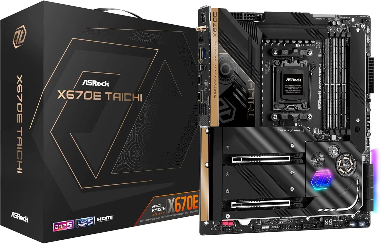 مادربرد ASRock X670E TAICHI (بازسازی شده)، AMD X670، AM5، EATX، 4 DDR5، 2 USB4، HDMI، Wi-Fi 6E، 2.5G LAN، PD 3.0 27W، PCIe5، RGB، 4x M.2