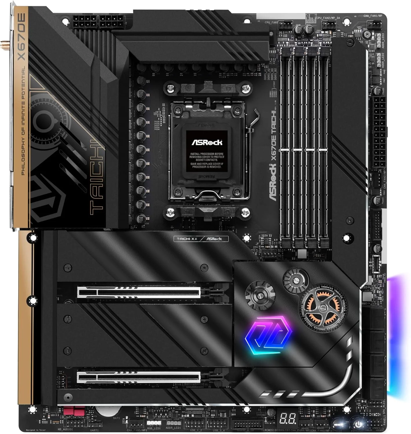مادربرد ASRock X670E TAICHI، AMD X670، AM5، EATX، 4 DDR5، 2 USB4، HDMI، Wi-Fi 6E، LAN 2.5G، PD 3.0 27W، PCIe5، RGB، 4x M.2