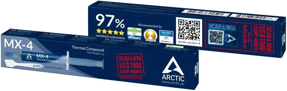 خمیر حرارتی با عملکرد عالی ARCTIC MX-4 (به همراه کاردک، 4 گرم) برای تمام پردازنده ها (CPU، GPU - PC، PS4، Xbox)، رسانایی حرارتی بسیار بالا، دوام طولانی، استفاده ایمن، غیر رسانا