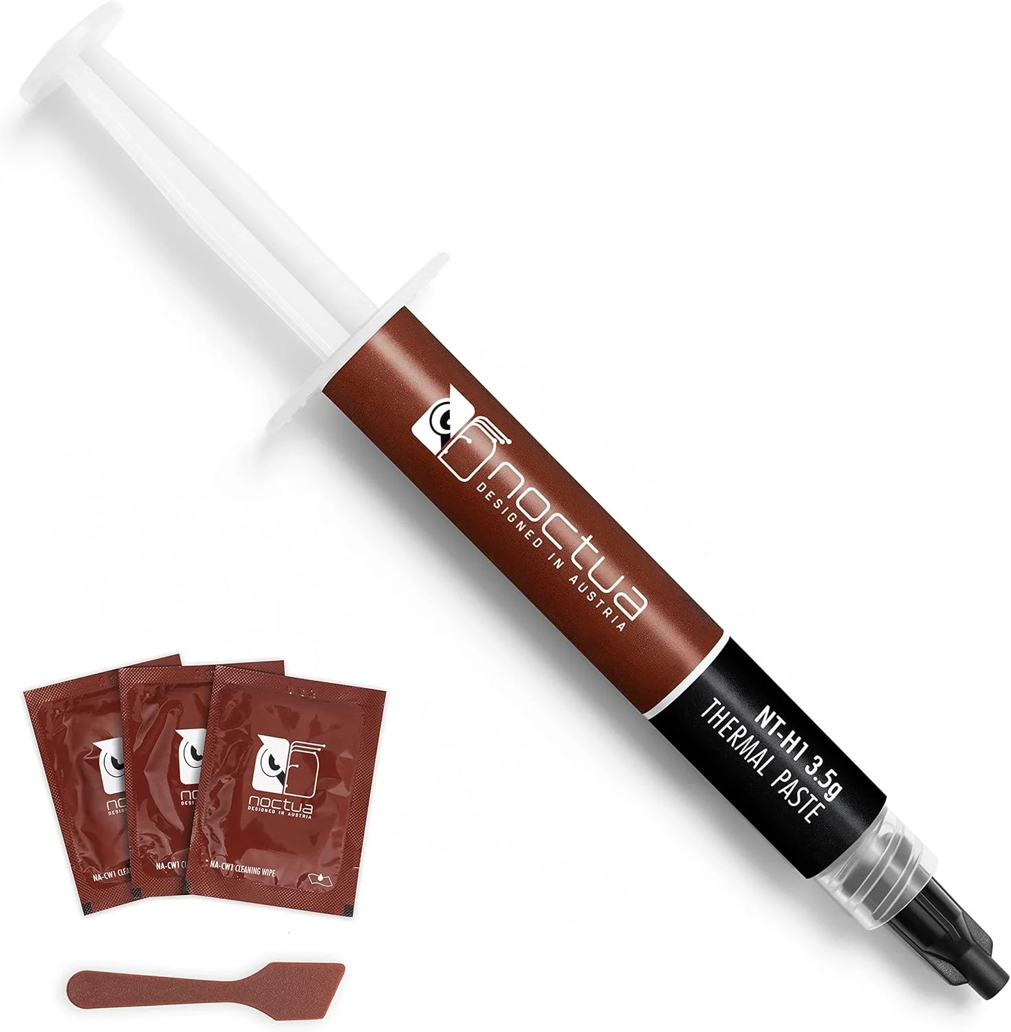 خمیر حرارتی Noctua NT-H1 3.5g SW Edition برای پردازنده، خمیر کامپیوتر به همراه کاردک و دستمال مرطوب تمیز کننده، 13cm x 3cm x 15.7cm، سازگار با کامپیوتر رومیزی، لپ تاپ، کنسول بازی، کارت گرافیک