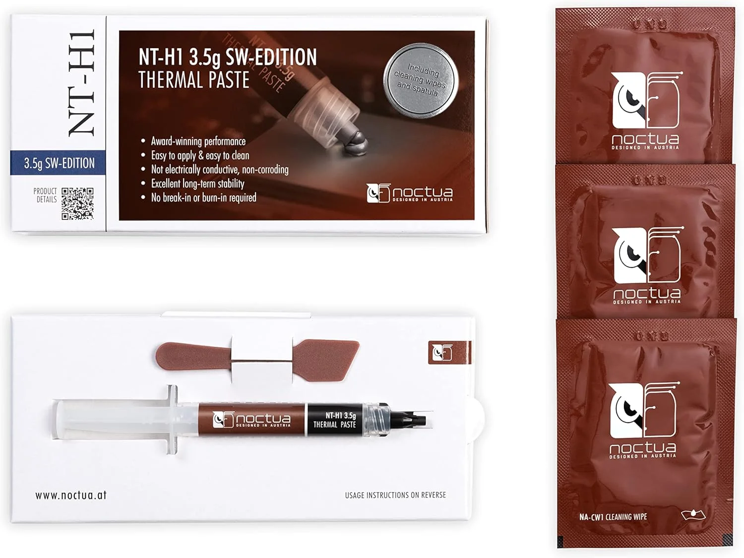 خمیر حرارتی Noctua NT-H1 3.5g SW Edition برای پردازنده، خمیر کامپیوتر به همراه کاردک و دستمال مرطوب تمیز کننده، 13cm x 3cm x 15.7cm، سازگار با کامپیوتر رومیزی، لپ تاپ، کنسول بازی، کارت گرافیک