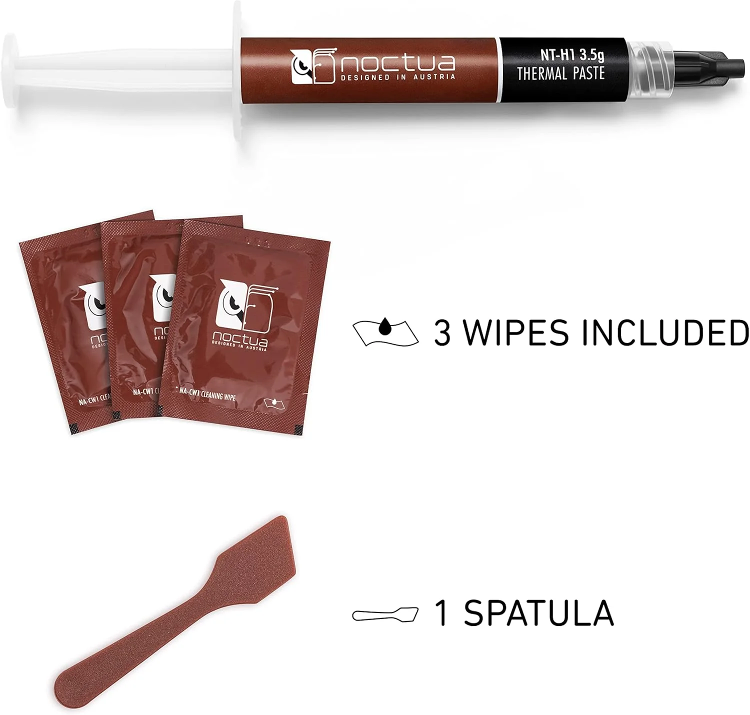 خمیر حرارتی Noctua NT-H1 3.5g SW Edition برای پردازنده، خمیر کامپیوتر به همراه کاردک و دستمال مرطوب تمیز کننده، 13cm x 3cm x 15.7cm، سازگار با کامپیوتر رومیزی، لپ تاپ، کنسول بازی، کارت گرافیک