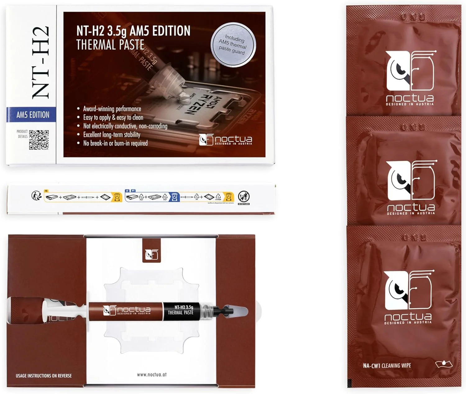 خمیر حرارتی حرفه ای Noctua NT-H2 نسخه AM5، به همراه محافظ خمیر حرارتی برای پردازنده های AMD AM5 به همراه 3 دستمال تمیز کننده (3.5 گرم) خمیر حرارتی حرفه ای Noctua NT-H2 نسخه AM5، به همراه محافظ خمیر حرارتی برای پردازنده های AMD AM5 به همراه 3 دستمال تمیز کننده (3.5 گرم)