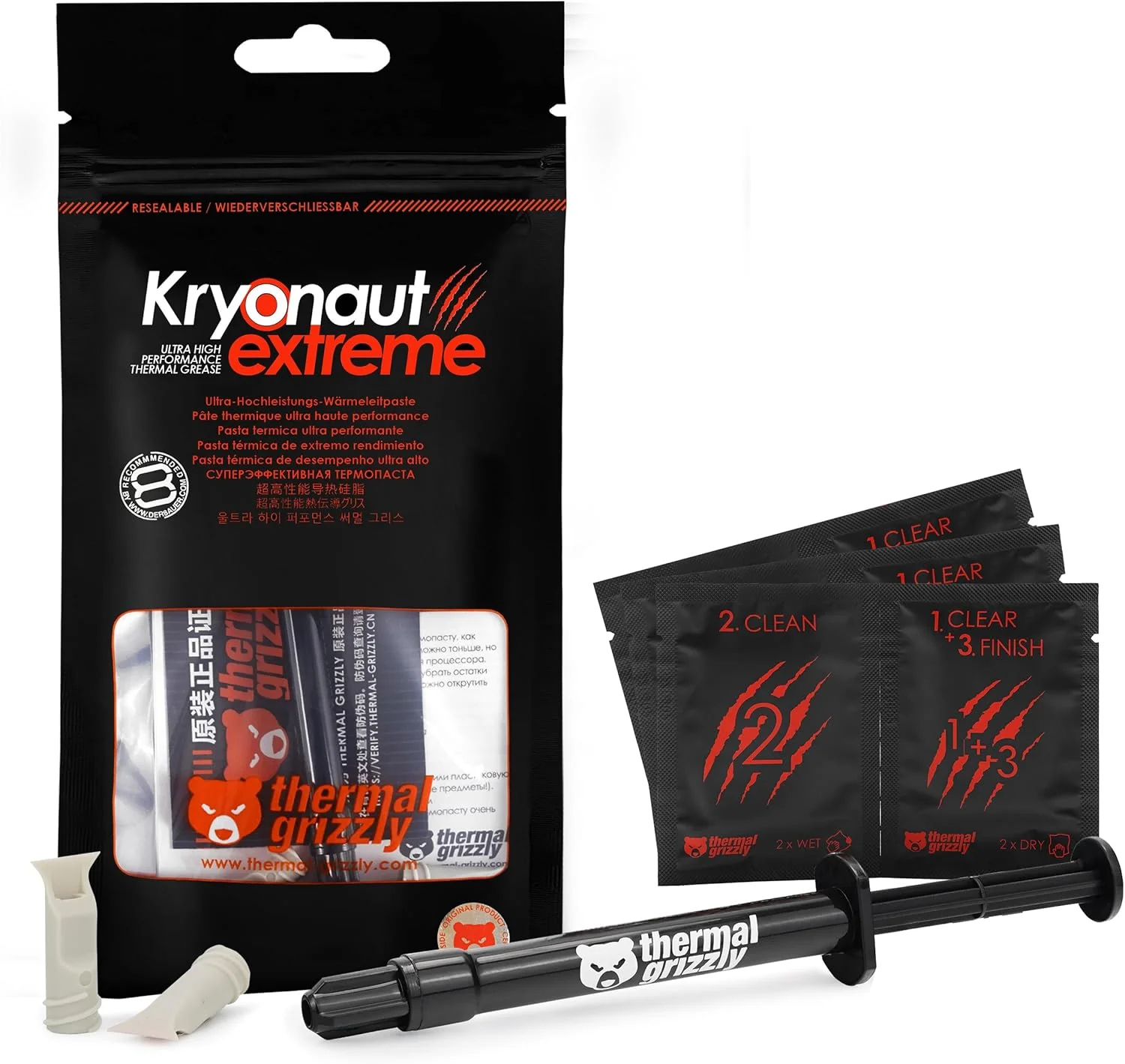 خمیر حرارتی Thermal Grizzly Kryonaut Extreme - 2 گرم - خمیر حرارتی با عملکرد بسیار بالا به همراه 12 دستمال تمیز کننده (6 عدد مرطوب و 6 عدد خشک) - برای حداکثر رسانایی حرارتی در هنگام استفاده از CPU/GPU/PS4/PS5/Xbox