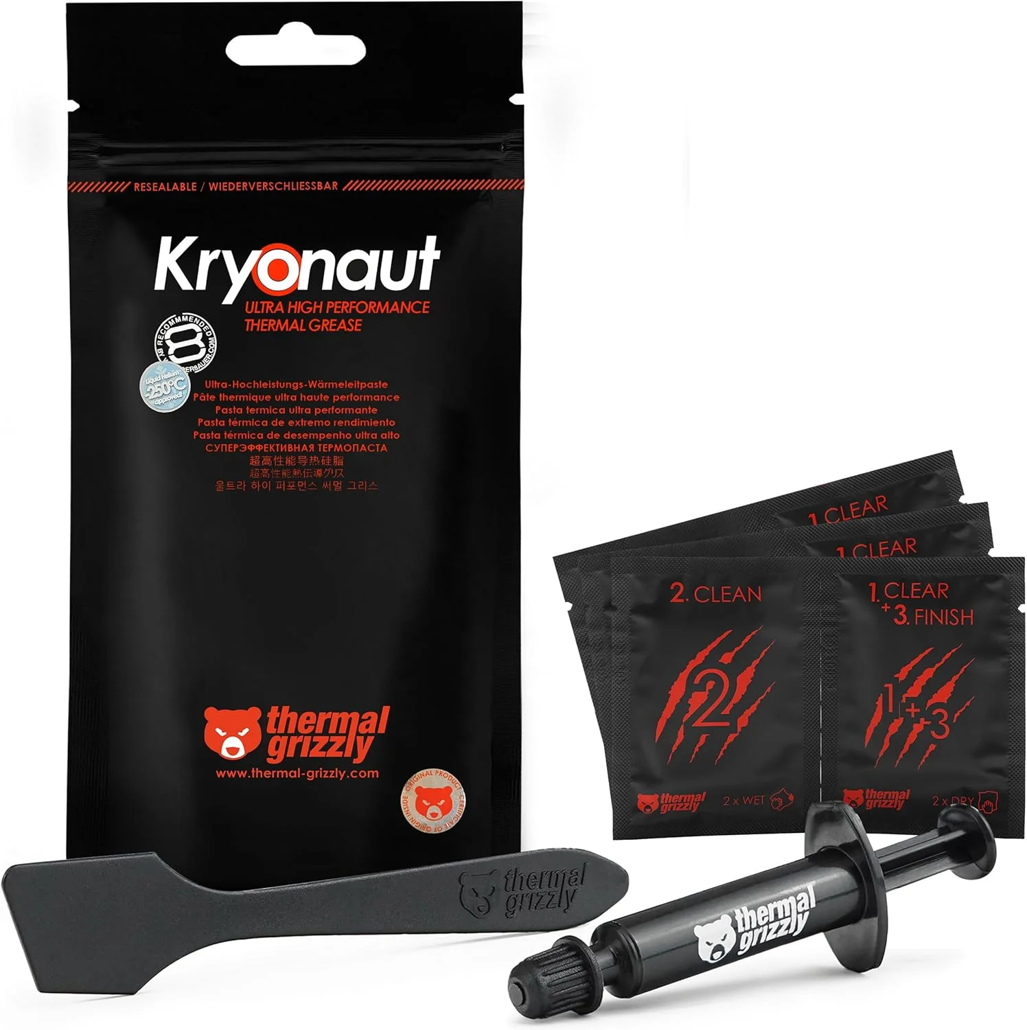 خمیر حرارتی Thermal Grizzly Kryonaut - 1 گرم - خمیر حرارتی با عملکرد بسیار بالا + 12 دستمال تمیز کننده 6 مرطوب و 6 خشک - برای کاربردهای سخت و اورکلاک CPU/GPU/PS4/PS5/Xbox