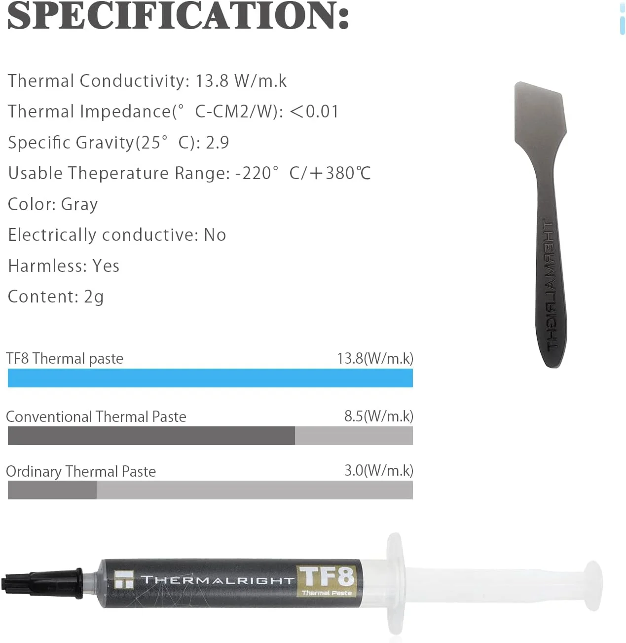 خمیر حرارتی Thermalright TF8 2g با عملکرد بالا 13.8W/m.k، خمیر حرارتی با عملکرد بالا برای پردازنده/CPU/GPU/IC/همه خنک کننده ها، -2 گرم، همراه با ابزار کاردک (TF8 2g)