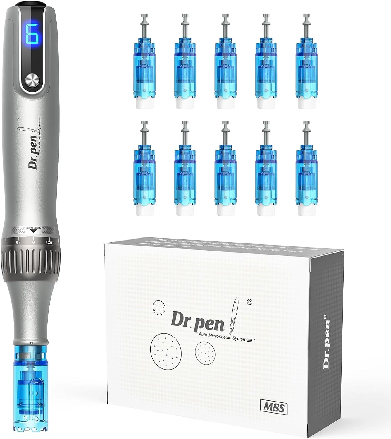 قلم میکرونیدلینگ بی سیم Dr. Pen M8S، ابزار مراقبت از پوست برای ضد پیری، جای زخم آکنه، چین و چروک، به همراه 5 عدد کارتریج 18 پین و 5 عدد کارتریج 36 پین