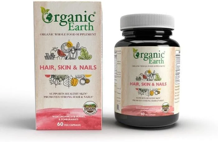 مکمل گیاهی مو، پوست و ناخن ارگانیک Earth | پوست سالم، پشتیبانی از موهای قوی و ناخن های سالم | وگان، بدون گلوتن، تغذیه پاک | 60 کپسول