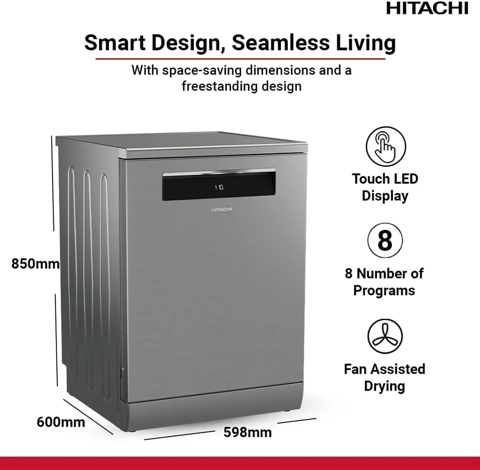 ماشین ظرفشویی ایستاده هیتاچی، 15 نفره، 8 برنامه، شستشوی قوی، مراقبت از ظروف شیشه ای، موتور اینورتر - شستشوی توربو، شستشوی ملایم در دمای 40 درجه سانتیگراد، ماشین ظرفشویی بی صدا، ایمنی سرریز، استیل ضد زنگ، HDF-F158CVX