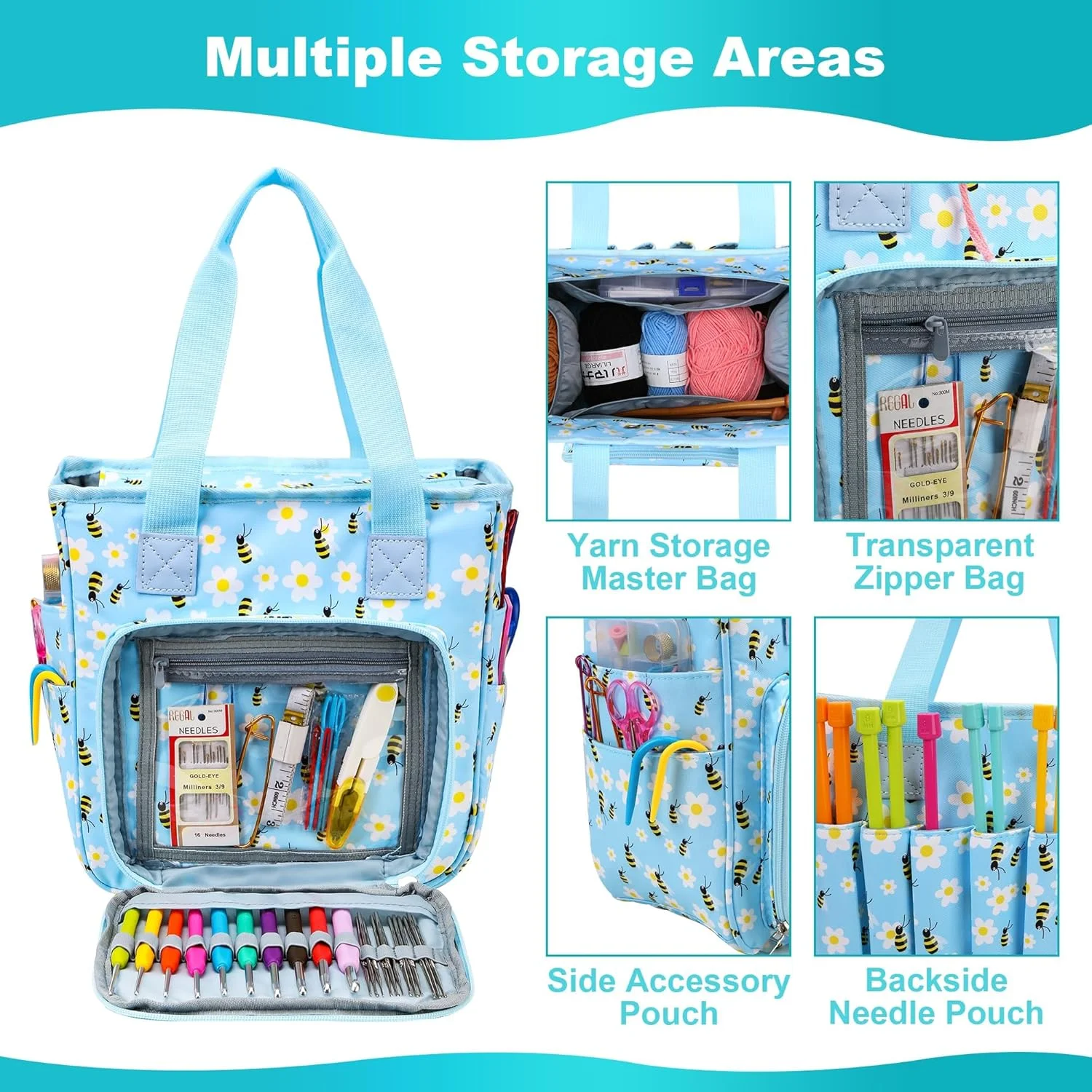 کیف بافندگی - کیف سازمان دهنده بزرگ با ظرفیت زیاد برای نگهداری نخ با جیب های متعدد، کیف پروژه قابل حمل برای قلاب های بافندگی، سوزن ها و کلاف های نخ، ایده آل برای بافندگی در سفر کیف بافندگی - کیف سازمان دهنده بزرگ با ظرفیت زیاد برای نگهداری نخ با جیب های متعدد، کیف پروژه قابل حمل برای قلاب های بافندگی، سوزن ها و کلاف های نخ، ایده آل برای بافندگی در سفر