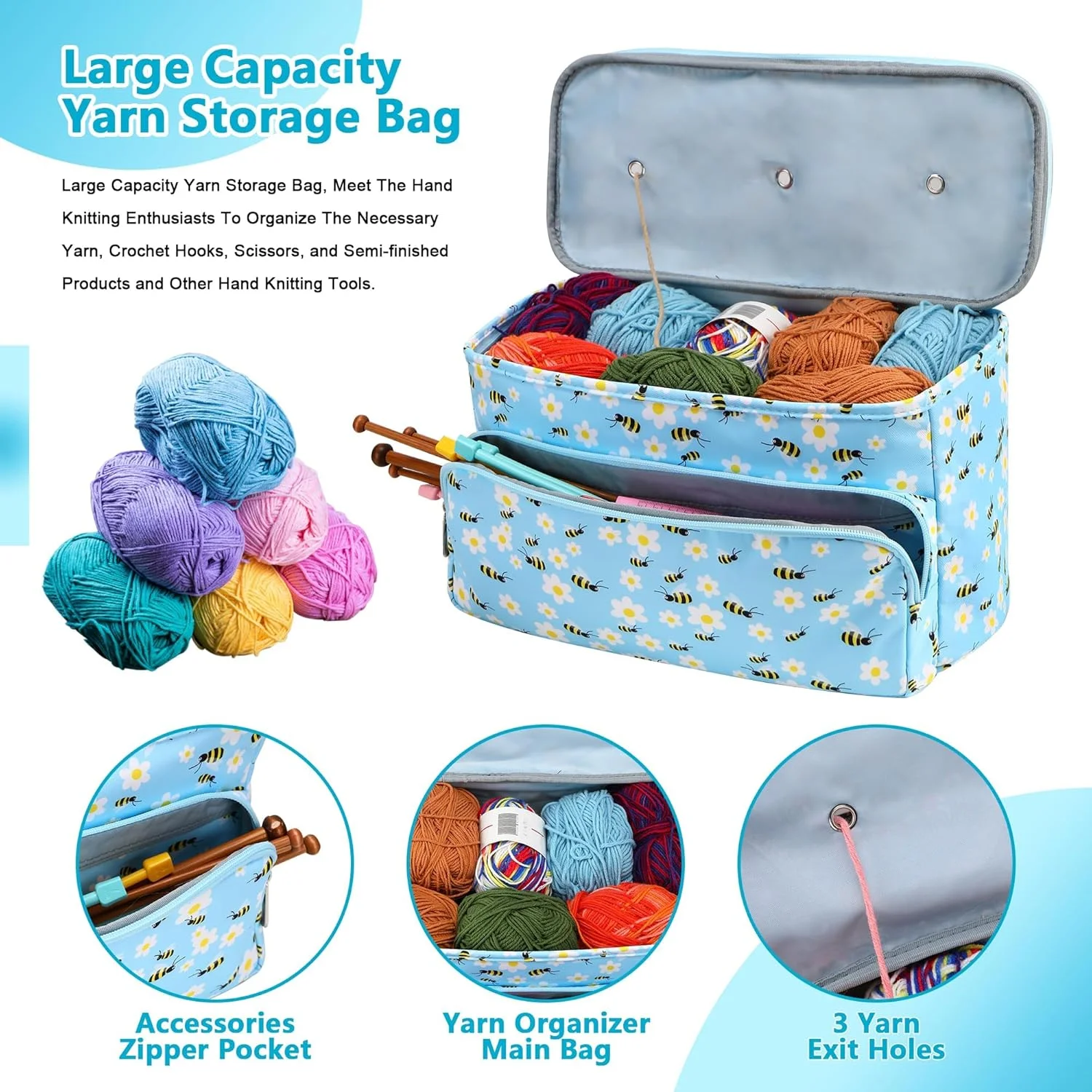 کیف قلاب بافی - سازمان دهنده نگهداری نخ با 3 سوراخ بدون گره خوردگی، کیف بزرگ پروژه بافندگی برای لوازم صنایع دستی، طراحی چند جیبی برای قلاب ها و لوازم (قابل شستشو در ماشین لباسشویی) کیف قلاب بافی - سازمان دهنده نگهداری نخ با 3 سوراخ بدون گره خوردگی، کیف بزرگ پروژه بافندگی برای لوازم صنایع دستی، طراحی چند جیبی برای قلاب ها و لوازم (قابل شستشو در ماشین لباسشویی)