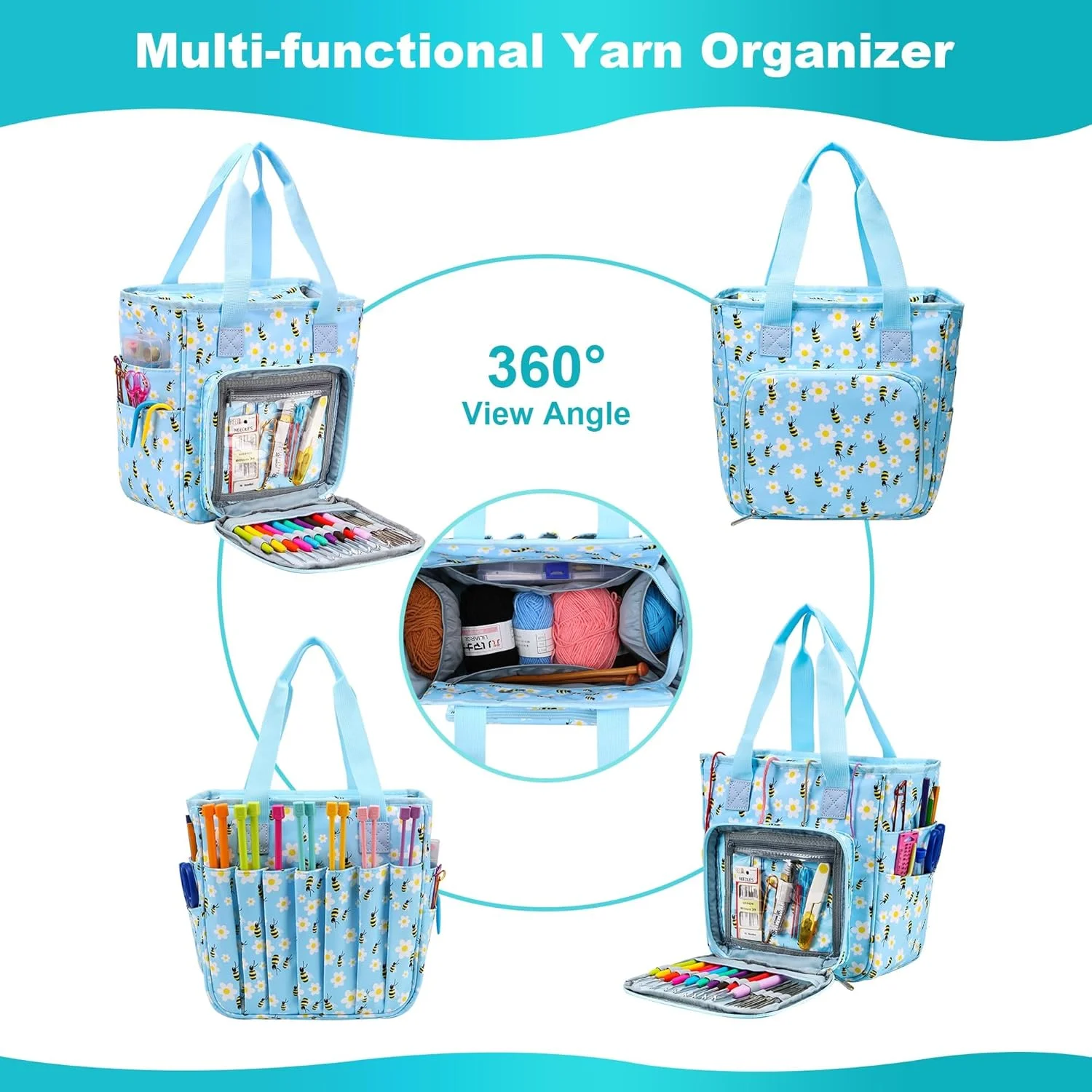 کیف بافندگی - کیف سازمان دهنده بزرگ با ظرفیت زیاد برای نگهداری نخ با جیب های متعدد، کیف پروژه قابل حمل برای قلاب های بافندگی، سوزن ها و کلاف های نخ، ایده آل برای بافندگی در سفر کیف بافندگی - کیف سازمان دهنده بزرگ با ظرفیت زیاد برای نگهداری نخ با جیب های متعدد، کیف پروژه قابل حمل برای قلاب های بافندگی، سوزن ها و کلاف های نخ، ایده آل برای بافندگی در سفر