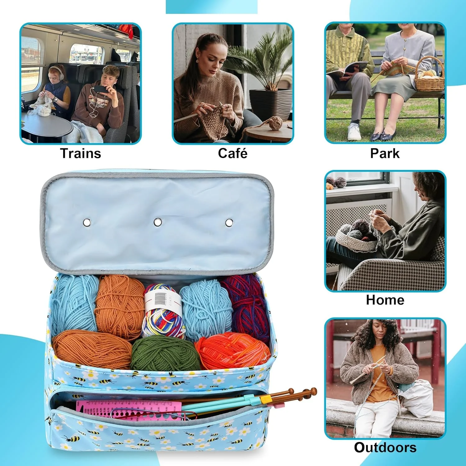 کیف قلاب بافی - سازمان دهنده نگهداری نخ با 3 سوراخ بدون گره خوردگی، کیف بزرگ پروژه بافندگی برای لوازم صنایع دستی، طراحی چند جیبی برای قلاب ها و لوازم (قابل شستشو در ماشین لباسشویی) کیف قلاب بافی - سازمان دهنده نگهداری نخ با 3 سوراخ بدون گره خوردگی، کیف بزرگ پروژه بافندگی برای لوازم صنایع دستی، طراحی چند جیبی برای قلاب ها و لوازم (قابل شستشو در ماشین لباسشویی)