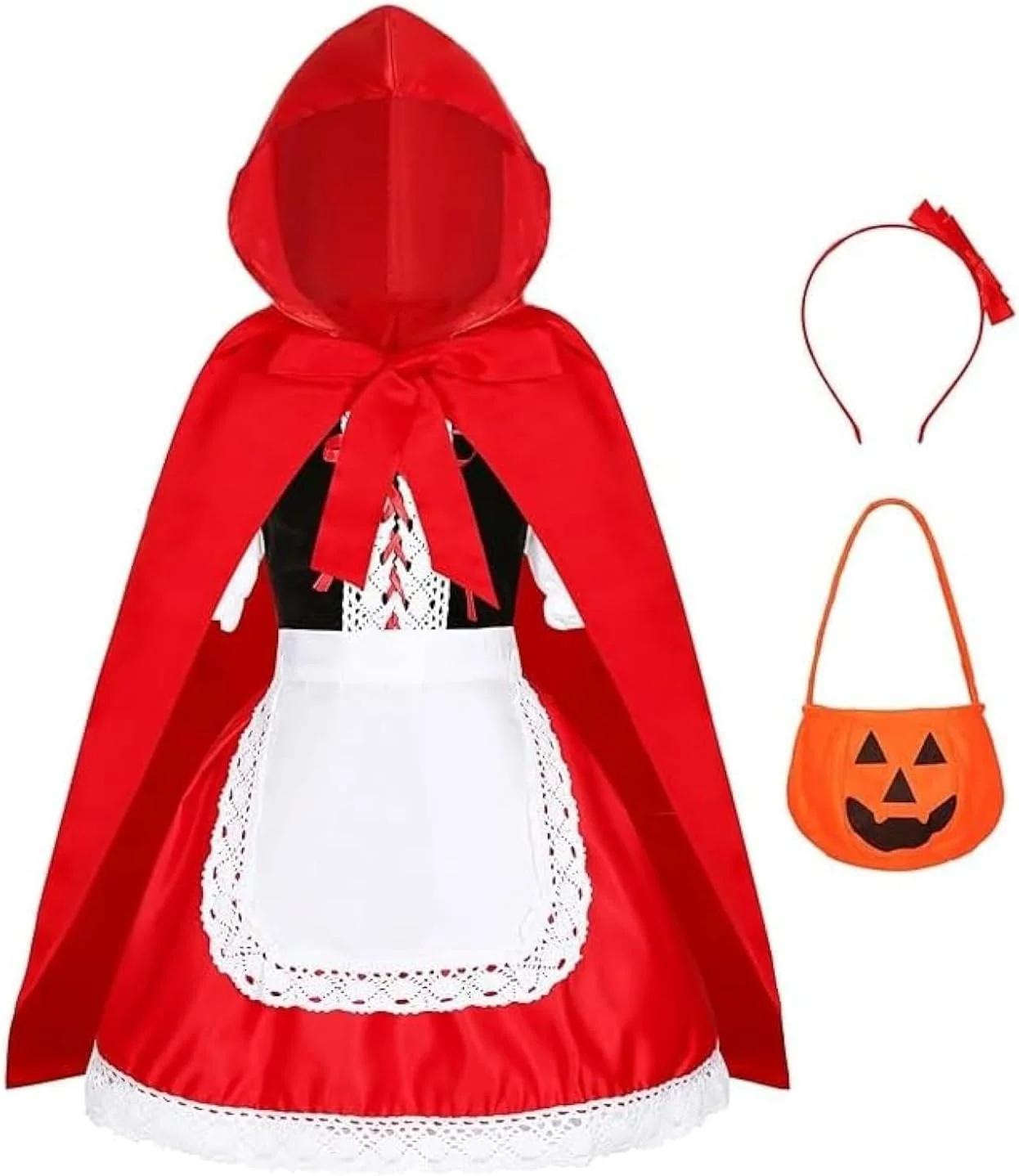 ست لباس شنل قرمزی برای دختران، لباس شخصیت داستانی هالووین همراه با شنل کلاه دار، تل سر و کیف کدو تنبل برای سنین 3 تا 8 سال
