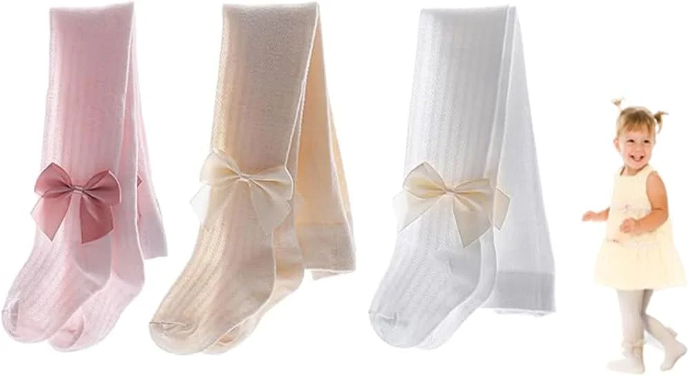 جوراب شلواری دخترانه 3 عددی، جوراب شلواری نخی بافتنی نازک توری تابستانی با پاپیون، جوراب شلواری ساق شلواری مد روز برای دختران، سایز S