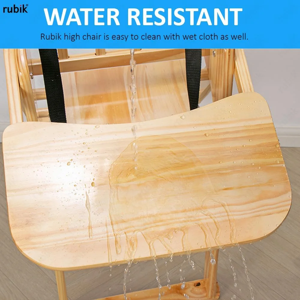 صندلی غذای کودک چوبی روبیک به همراه سینی، صندلی تاشو کودک با کمربند ایمنی و کوسن برای تغذیه نوزاد و کودک نوپا (بژ، سینی 20 سانتی متری)