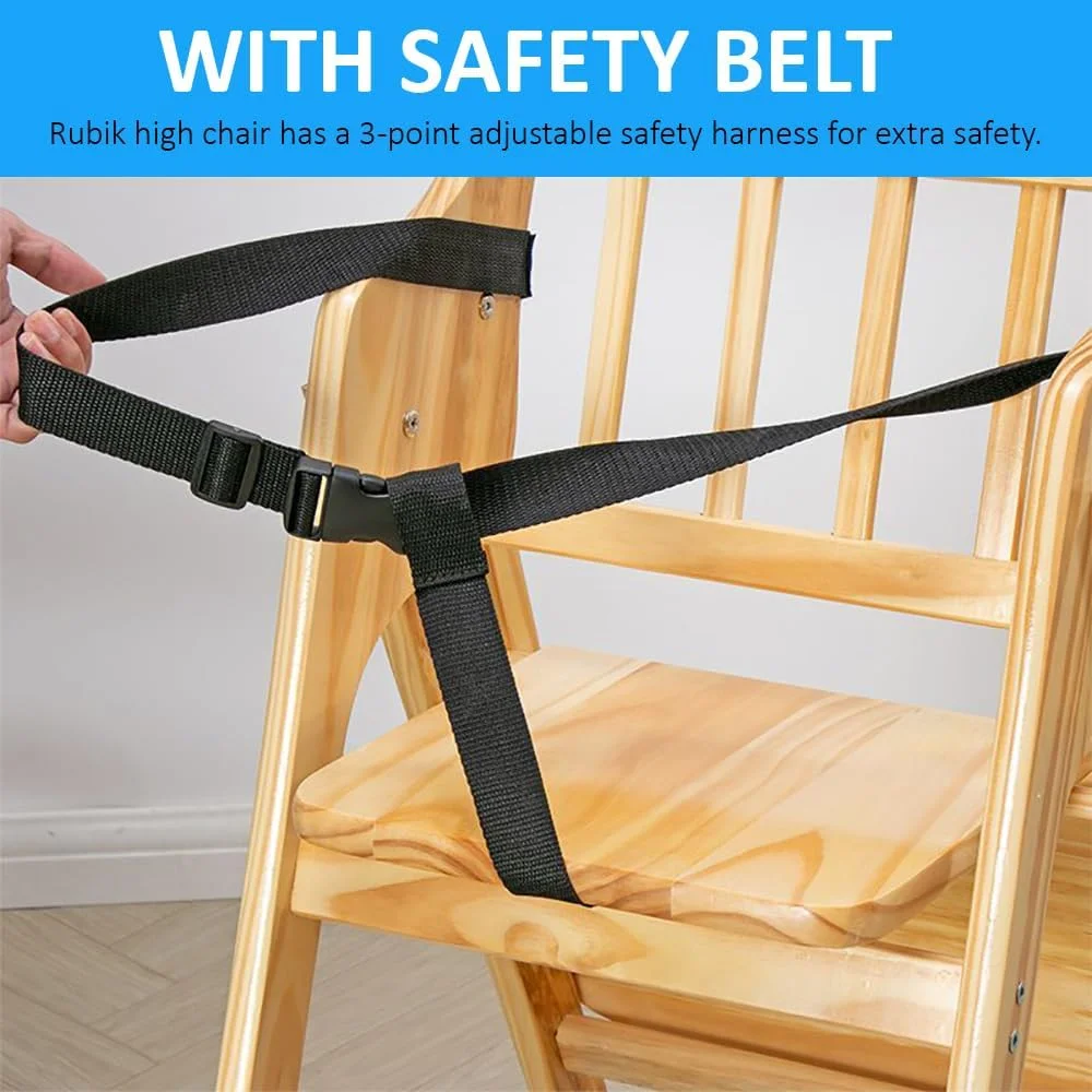 صندلی غذای کودک چوبی روبیک به همراه سینی، صندلی تاشو کودک با کمربند ایمنی و کوسن برای تغذیه نوزاد و کودک نوپا (بژ، سینی 20 سانتی متری)