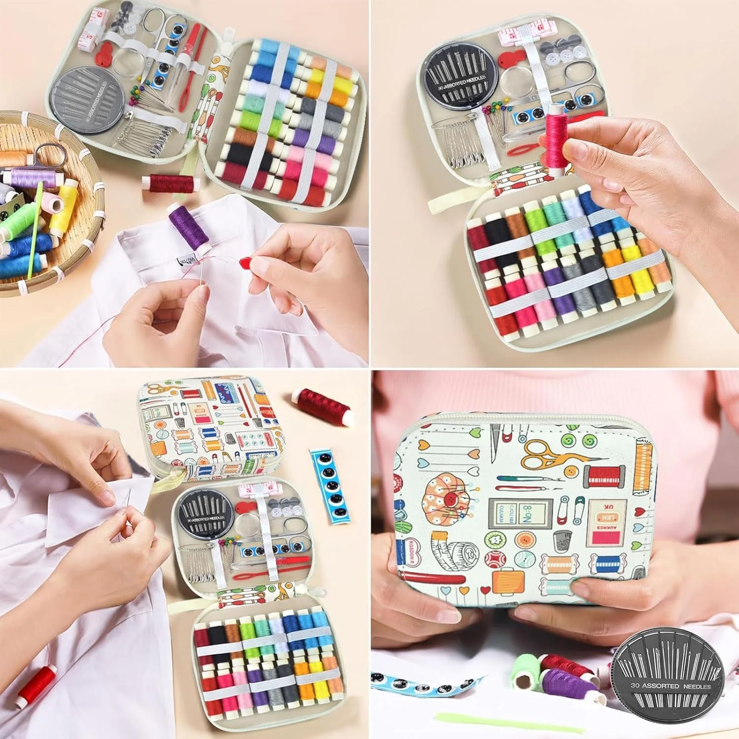 جعبه خیاطی برای بزرگسالان، کودکان، مبتدیان، مسافران، لوازم خیاطی قابل حمل شامل متر نواری نرم، قیچی، انگشتانه، نخ، سوزن خیاطی (بژ)