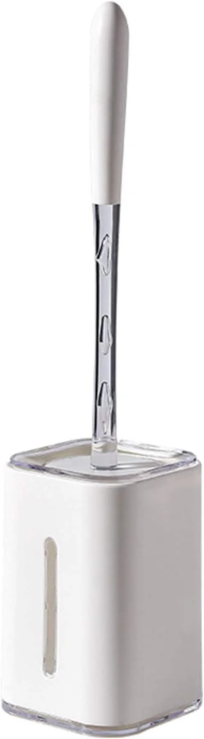 برس توالت و جا برسی، برس تمیز کننده توالت سیلیکونی مربعی شکل با دسته پلاستیکی بلند ضد لغزش و جا برسی خشک شونده سریع 11x11x44 سانتی متر (رنگ: سفید)