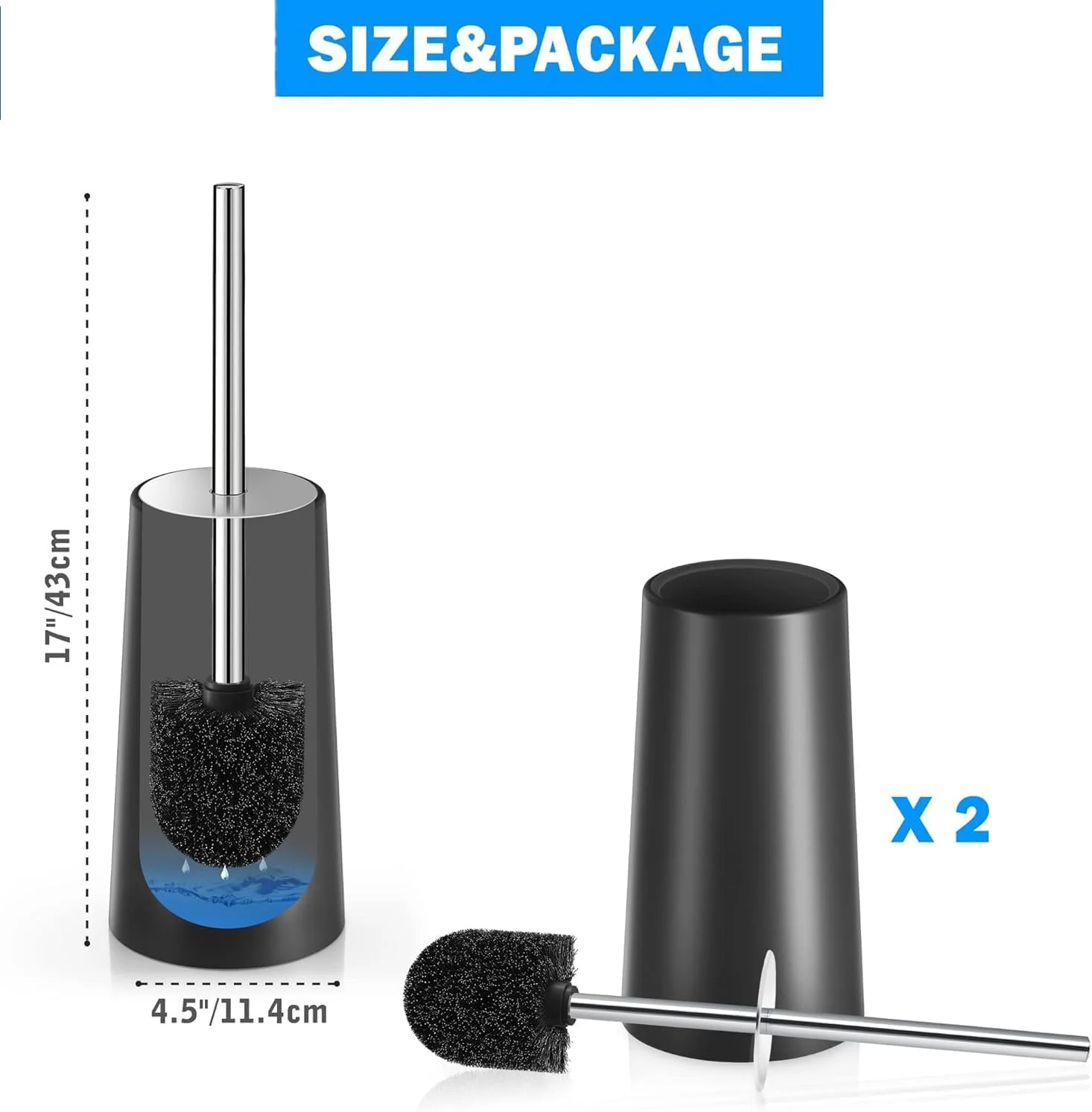 برس توالت و جا برسی، بسته 2 عددی برس توالت با دسته بلند استیل 304، برس کاسه توالت برای توالت حمام - ارگونومیک، شیک، بادوام (مشکی)