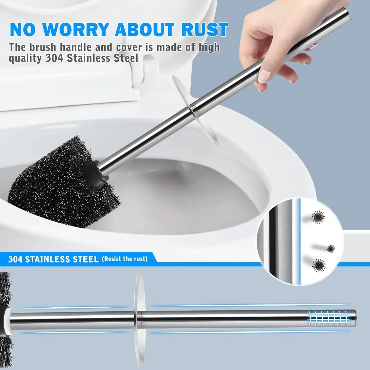 برس توالت و جا برسی، بسته 2 عددی برس توالت با دسته بلند استیل 304، برس کاسه توالت برای توالت حمام - ارگونومیک، شیک، بادوام (مشکی)