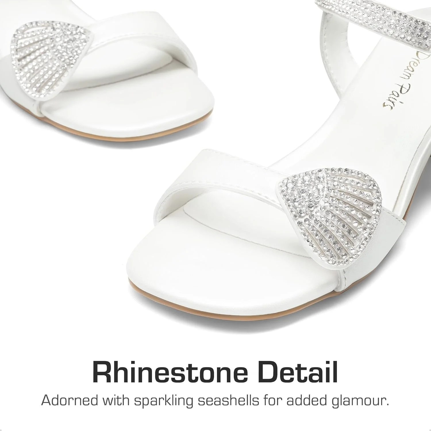 صندل های دخترانه DREAM PAIRS بند مچ پا، پنجه مربعی، پاشنه کوتاه، تزیین صدف کریستالی، مناسب مهمانی عروسی و لباس مجلسی برای کودکان کوچک/بزرگ