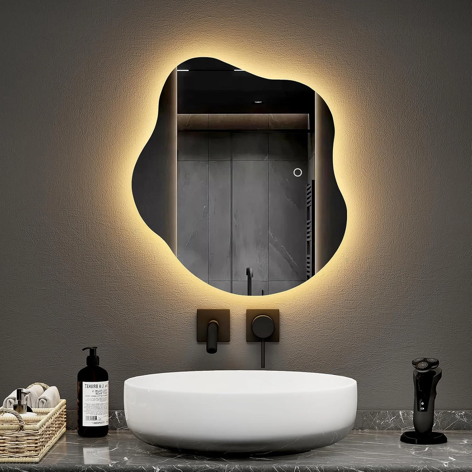 آینه حمام LED با نور پس زمینه EMKE، 45x50 سانتی متر، آینه روشویی نامتقارن دیواری با لمس، ضد بخار، کم نور شونده و 3 رنگ، آینه دیواری بدون قاب روشن برای اتاق خواب، عمودی/افقی آینه حمام LED با نور پس زمینه EMKE، 45x50 سانتی متر، آینه روشویی نامتقارن دیواری با لمس، ضد بخار، کم نور شونده و 3 رنگ، آینه دیواری بدون قاب روشن برای اتاق خواب، عمودی/افقی