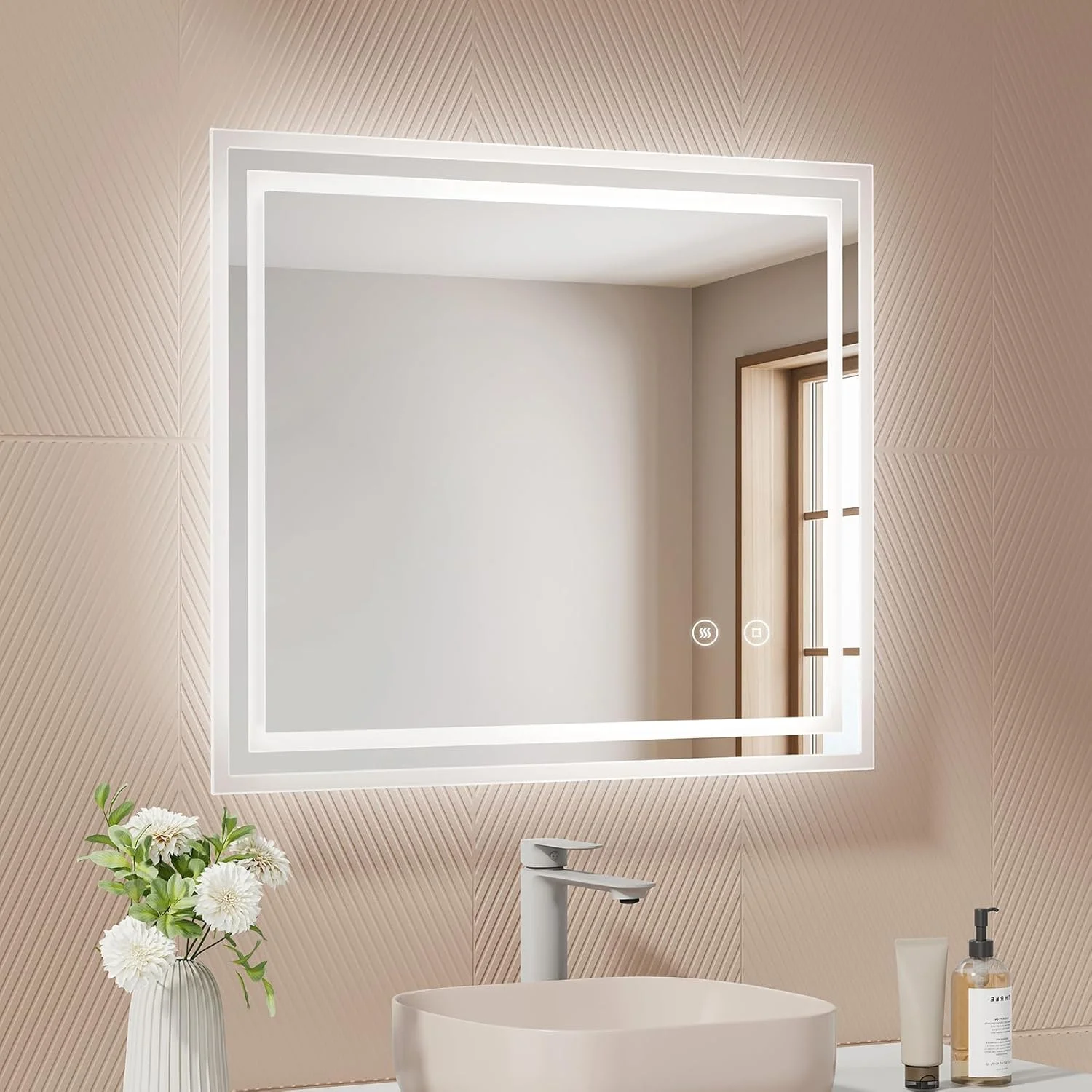 آینه حمام EMKE با نور LED، 60 x 50 سانتی متر، ضد بخار، کلید لمسی، سفید سرد، دیمر دار، عملکرد حافظه، خاموش شدن خودکار پس از 3 ساعت، آینه حمام LED