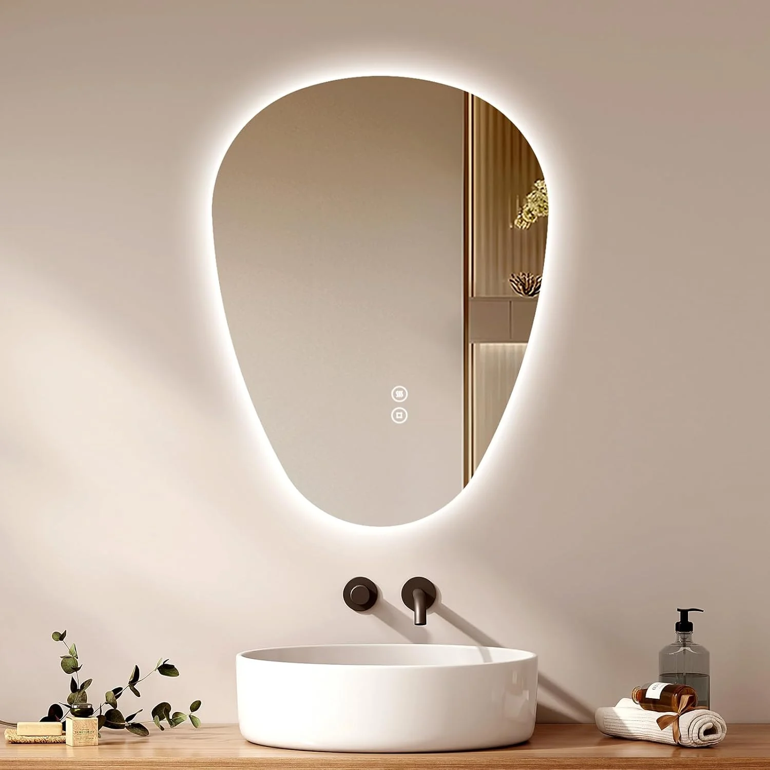 آینه نامتقارن حمام EMKE با چراغ های LED، 60 در 45 سانتی متر، آینه هوشمند LED نامنظم حمام با پد ضد بخار، 3 رنگ قابل تنظیم، کلید لمسی، آینه با عملکرد حافظه، آینه LED دیواری