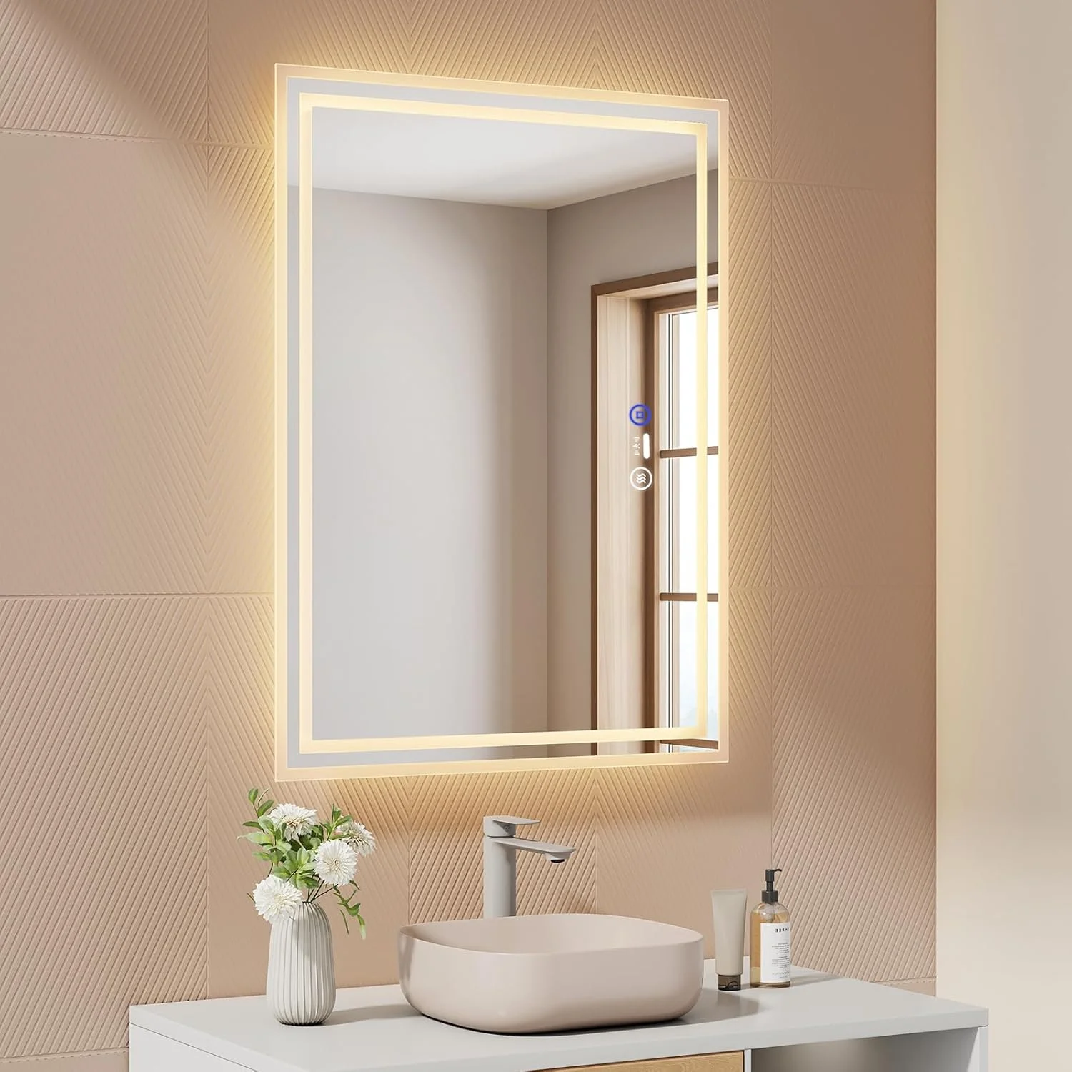 آینه حمام ال ای دی EMKE، ابعاد 80 در 60 سانتی متر، آینه حمام با حسگر حرکتی، ضد بخار، 3 رنگ نور قابل تنظیم، خاموش شدن خودکار پس از 1 ساعت، IP44، آینه حمام ال ای دی