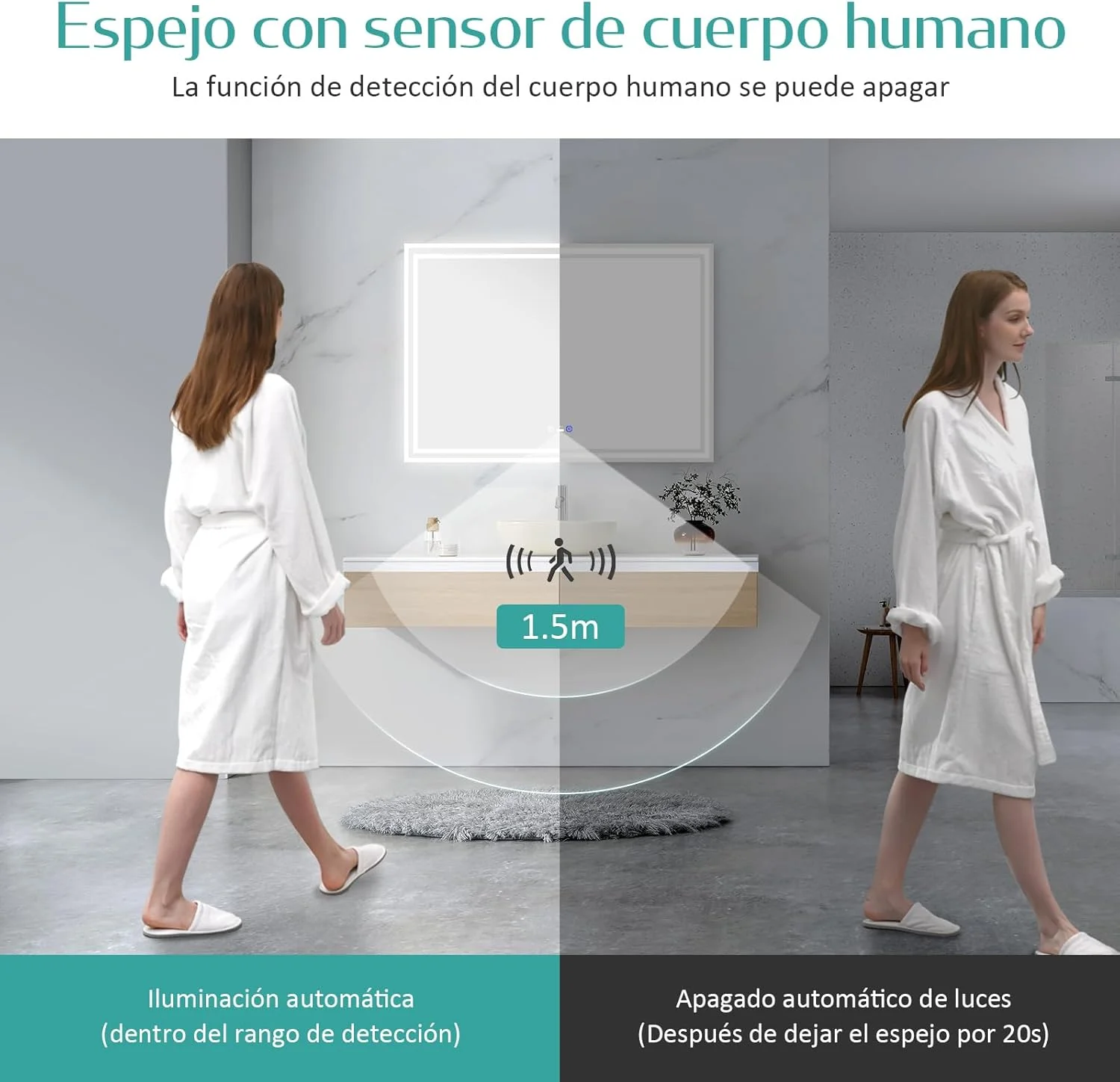 آینه حمام ال ای دی EMKE، ابعاد 80 در 60 سانتی متر، آینه حمام با حسگر حرکتی، ضد بخار، 3 رنگ نور قابل تنظیم، خاموش شدن خودکار پس از 1 ساعت، IP44، آینه حمام ال ای دی