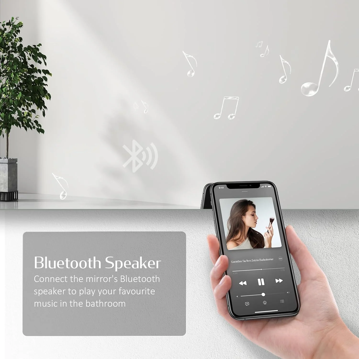 آینه حمام نورپردازی شده EMKE با نور آبی، پریز ریش تراش، آینه ال ای دی 500x700 میلی متر با بلندگوی بلوتوث، 3 رنگ نور، دیمر حافظه دار و ضد بخار، افقی/عمودی