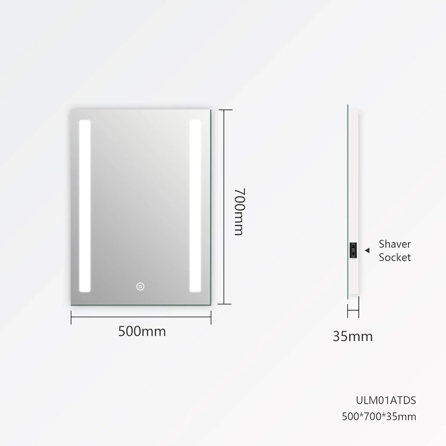 آینه حمام ال ای دی EMKE با ابعاد 500x700 میلی متر، دارای روشنایی ال ای دی، پریز ریش تراش، کلید لمسی و ضد بخار