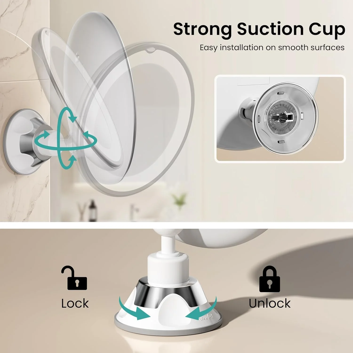 آینه آرایشی LED EMKE، آینه بزرگنمایی 5 برابر با مکنده، چرخش 360 درجه و نگهدارنده مکنده قفل‌دار، آینه‌های آرایشی مسافرتی با نور سرد، آینه‌های اصلاح