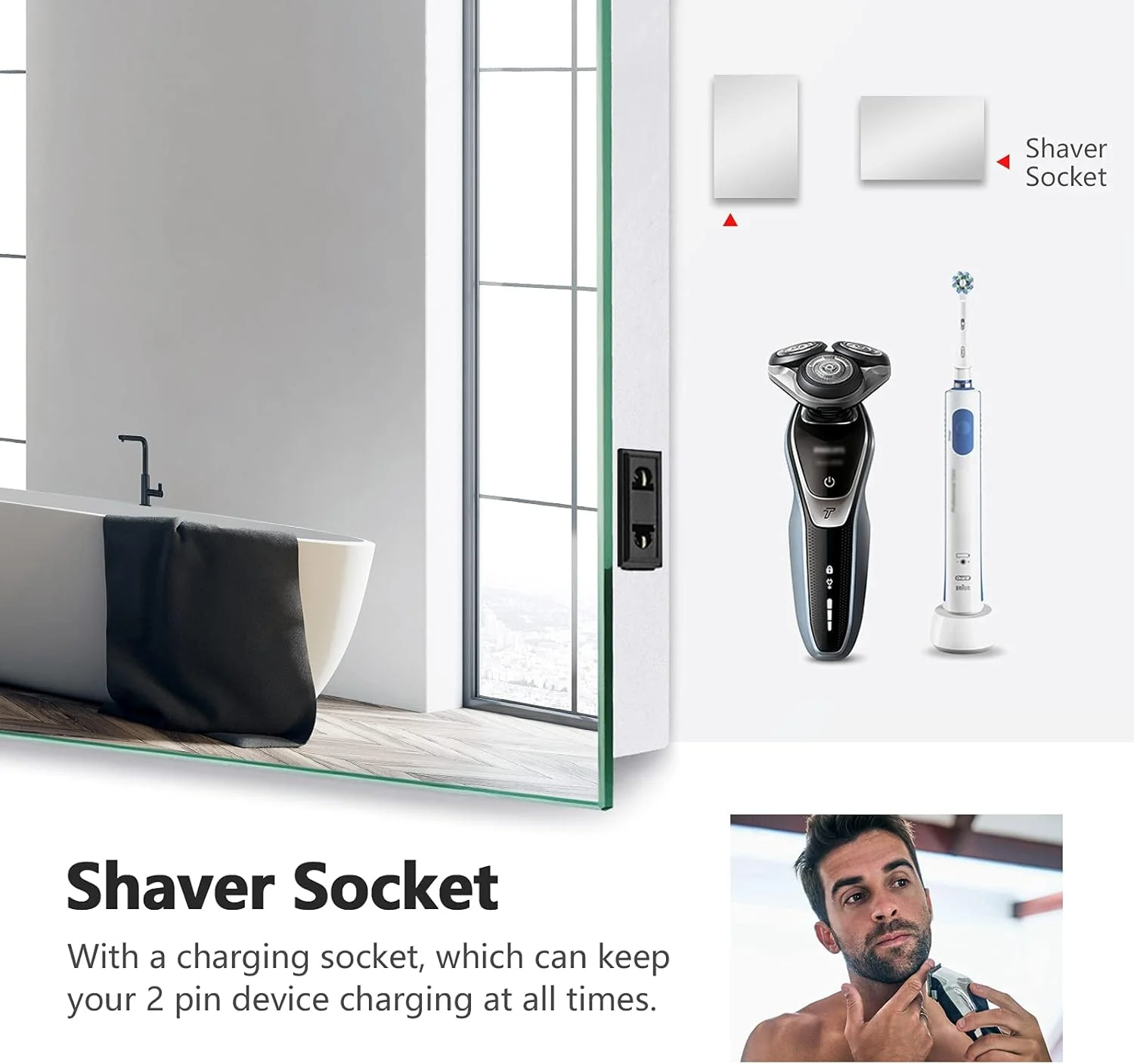 آینه حمام ال ای دی دار EMKE با ابعاد 700 در 500 میلی متر، دارای پریز ریش تراش، کلید لمسی و پد ضد بخار، آینه چند منظوره دیواری، آینه روشنایی کم مصرف [افقی/عمودی]