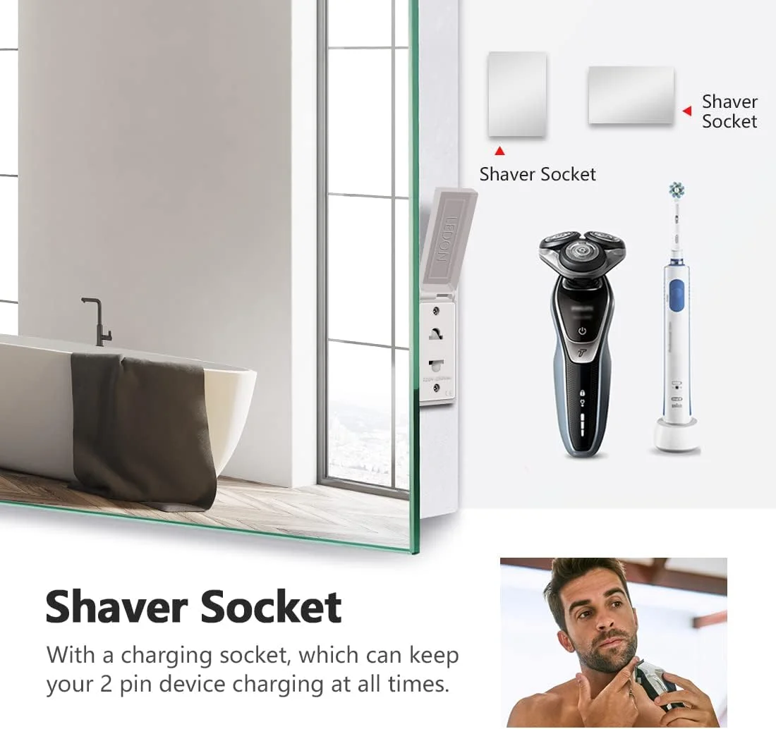 آینه حمام نور پس زمینه دار بلوتوثی EMKE، 450 در 600 میلی متر، با پریز ریش تراش، آینه روشویی چند منظوره دیواری با چراغ های ال ای دی و پد ضد بخار، آینه های هوشمند ال ای دی با صرفه جویی در انرژی