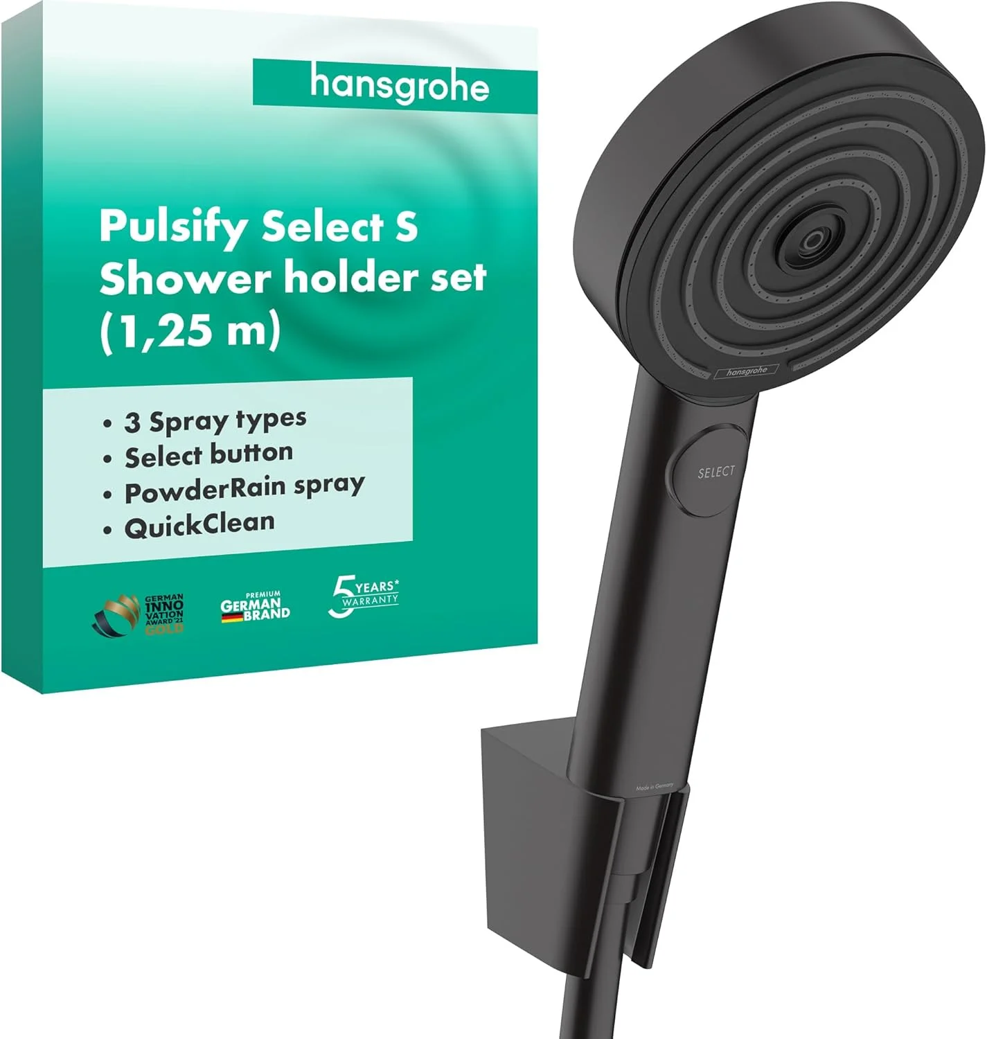 ست دوش هانسگروهه Pulsify Select S، سردوش با نگهدارنده دوش و شلنگ دوش 1.25 متری، دوش دستی با 3 حالت پاشش (Relaxation)، مشکی مات، 24302670 ست دوش هانسگروهه Pulsify Select S، سردوش با نگهدارنده دوش و شلنگ دوش 1.25 متری، دوش دستی با 3 حالت پاشش (Relaxation)، مشکی مات، 24302670