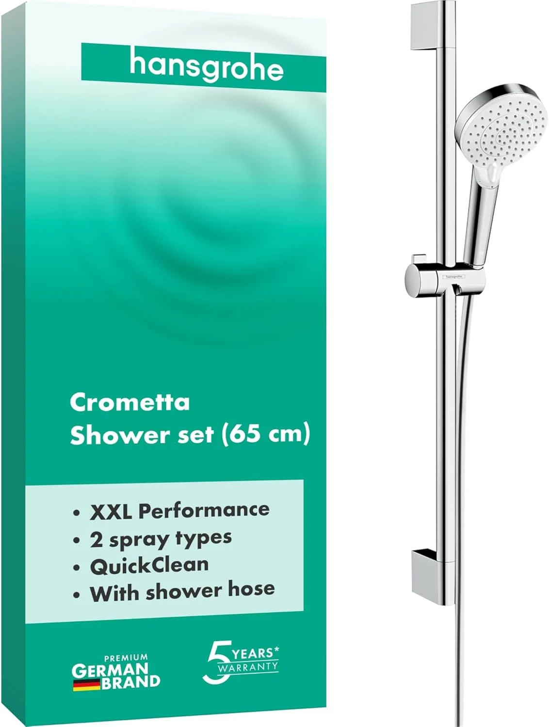 ست دوش هانسگروهه کرومتا واریو 100 با طول 0.65 متر، 2 حالت اسپری، سفید/کروم ست دوش هانسگروهه کرومتا واریو 100 با طول 0.65 متر، 2 حالت اسپری، سفید/کروم