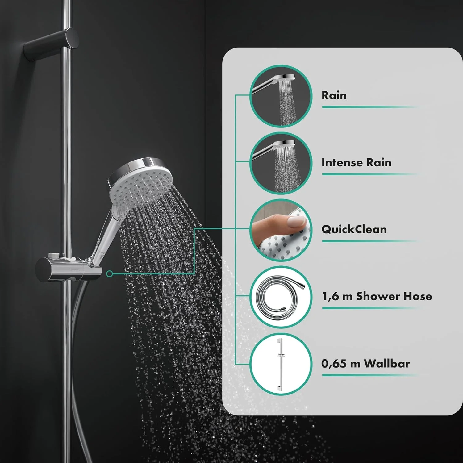 ست دوش هانسگروهه کرومتا واریو 100 با طول 0.65 متر، 2 حالت اسپری، سفید/کروم