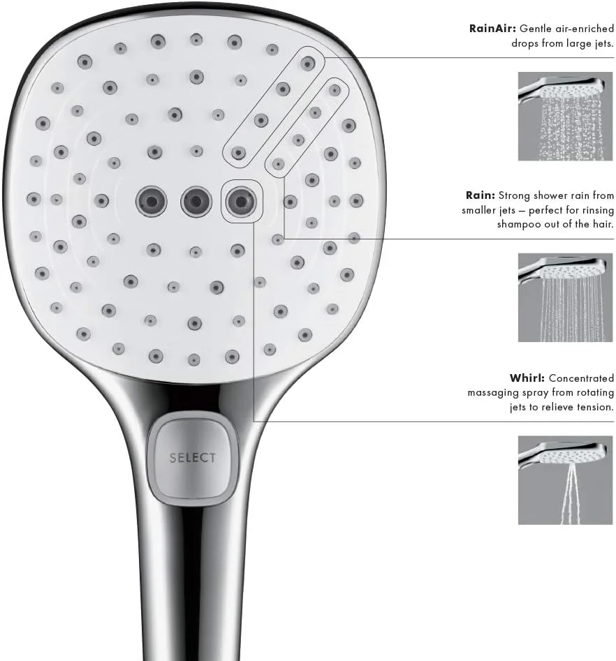 دوش دستی هانسگروهه Raindance Select E با نصب آسان، 5 اینچی، مدرن، دارای 3 حالت RainAir، Rain، Whirl مدل 26521001 دوش دستی هانسگروهه Raindance Select E با نصب آسان، 5 اینچی، مدرن، دارای 3 حالت RainAir، Rain، Whirl مدل 26521001
