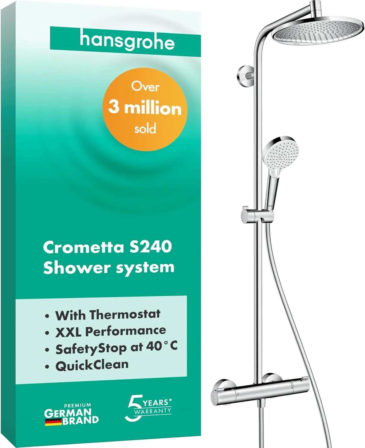 سیستم دوش hansgrohe Crometta S با ترموستات، سردوش بارانی (قطر 240 میلی متر)، دوش دستی (2 حالت پاشش)، شلنگ دوش، میله دوش و سردوش گرد (1 حالت پاشش)، کروم، 27267000