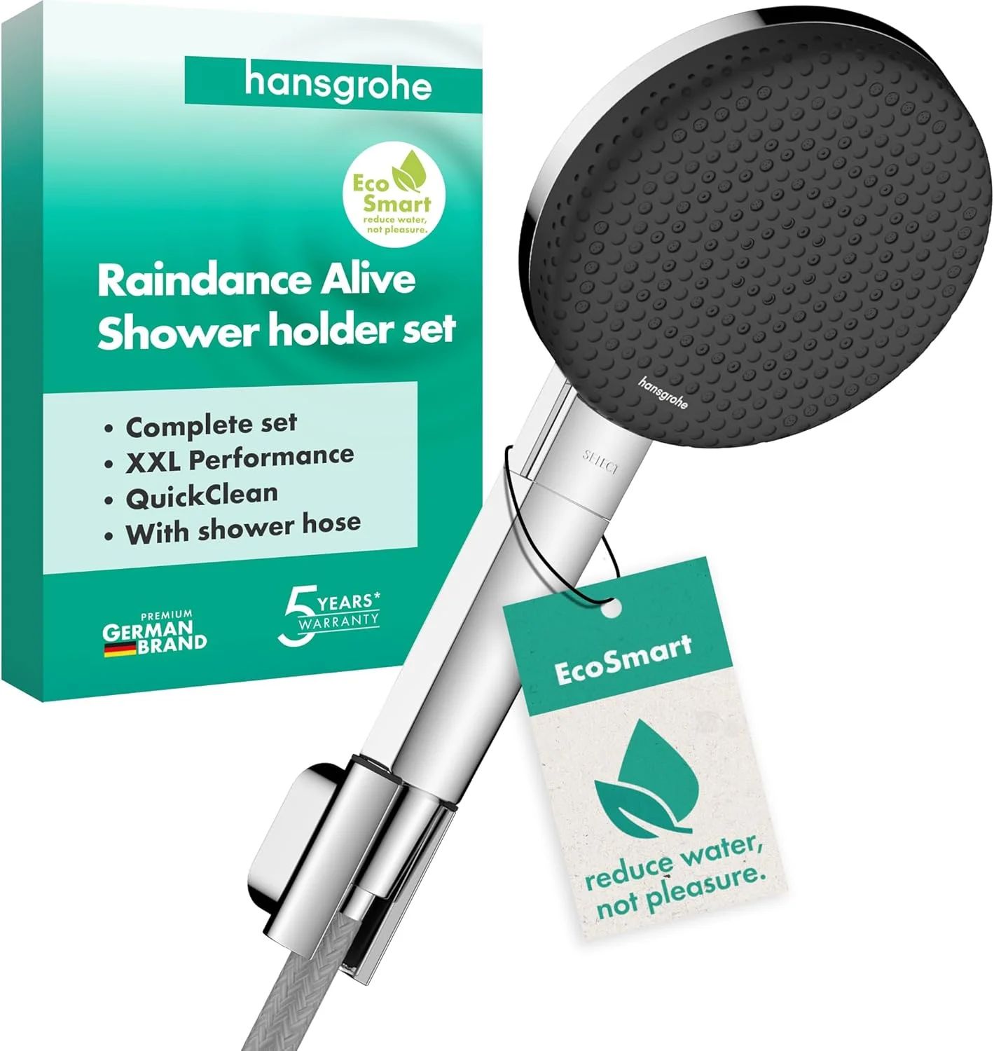 هانسگروهه ریندنس آلیو سلکت اس - ست دوش با سردوش صرفه جویی در مصرف آب (EcoSmart، شامل 3 حالت اسپری پودری)، شلنگ دوش (1.60 متر) و نگهدارنده سردوش، کروم، 24611000