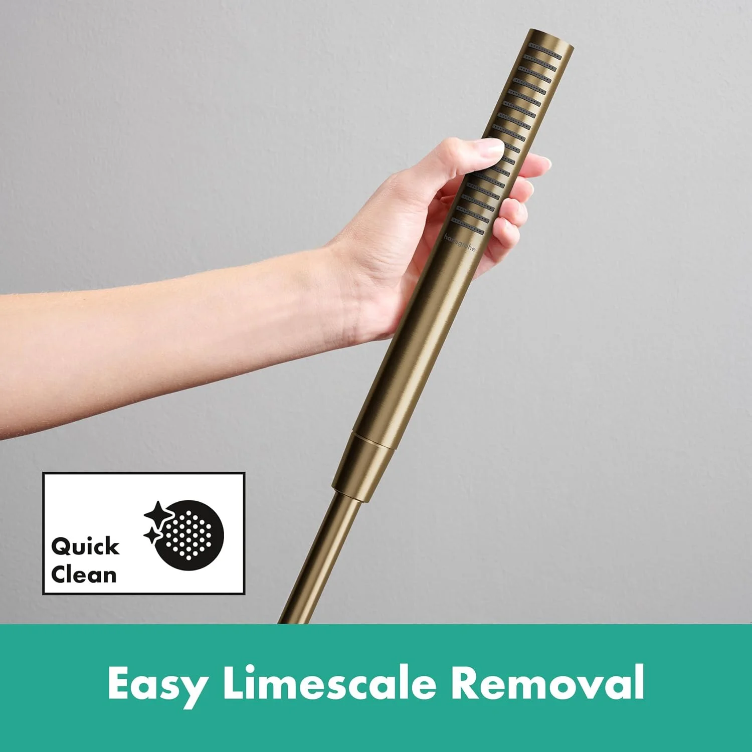 سردوش کاهنده مصرف آب هانسگروهه مدل Pulsify S 24126140 با نرخ جریان 5.4 لیتر در دقیقه (EcoSmart+)، سردوش دستی تک حالته (PowderRain)، سردوش حمام، سردوش اقتصادی با عملکرد ضد رسوب، برنز برس خورده