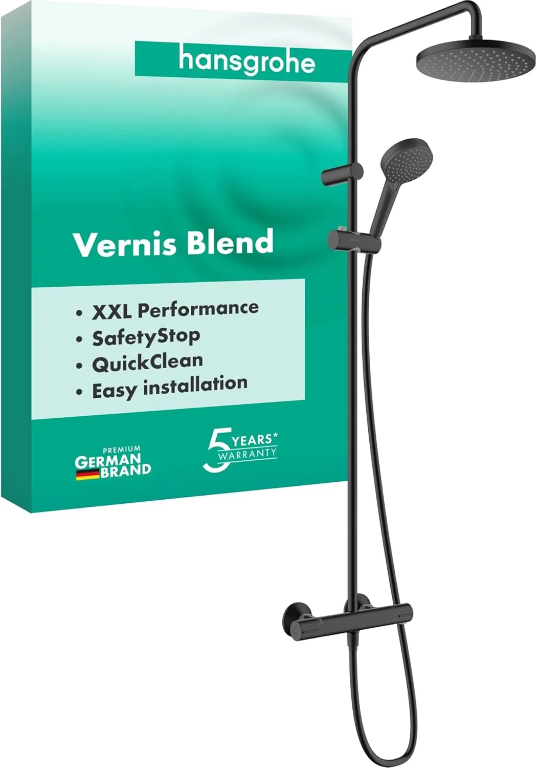 سیستم دوش hansgrohe Vernis Blend با ترموستات، سردوش بارانی (⌀ 205 میلی متر)، دوش دستی (1 حالت پاشش)، شلنگ دوش، میله دوش و سردوش گرد (1 حالت پاشش)، مشکی مات سیستم دوش hansgrohe Vernis Blend با ترموستات، سردوش بارانی (⌀ 205 میلی متر)، دوش دستی (1 حالت پاشش)، شلنگ دوش، میله دوش و سردوش گرد (1 حالت پاشش)، مشکی مات