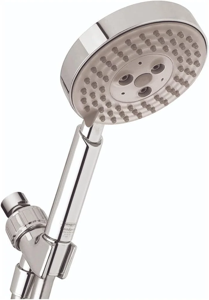 مجموعه سردوش دستی هانسگروهه Raindance S با نصب آسان، 4 اینچ، مدرن، 3 حالت پاشش RainAir، BalanceAir، Whirl Air Infusion با Airpower و QuickClean به همراه شلنگ، کروم، 2 GPM، 04518000