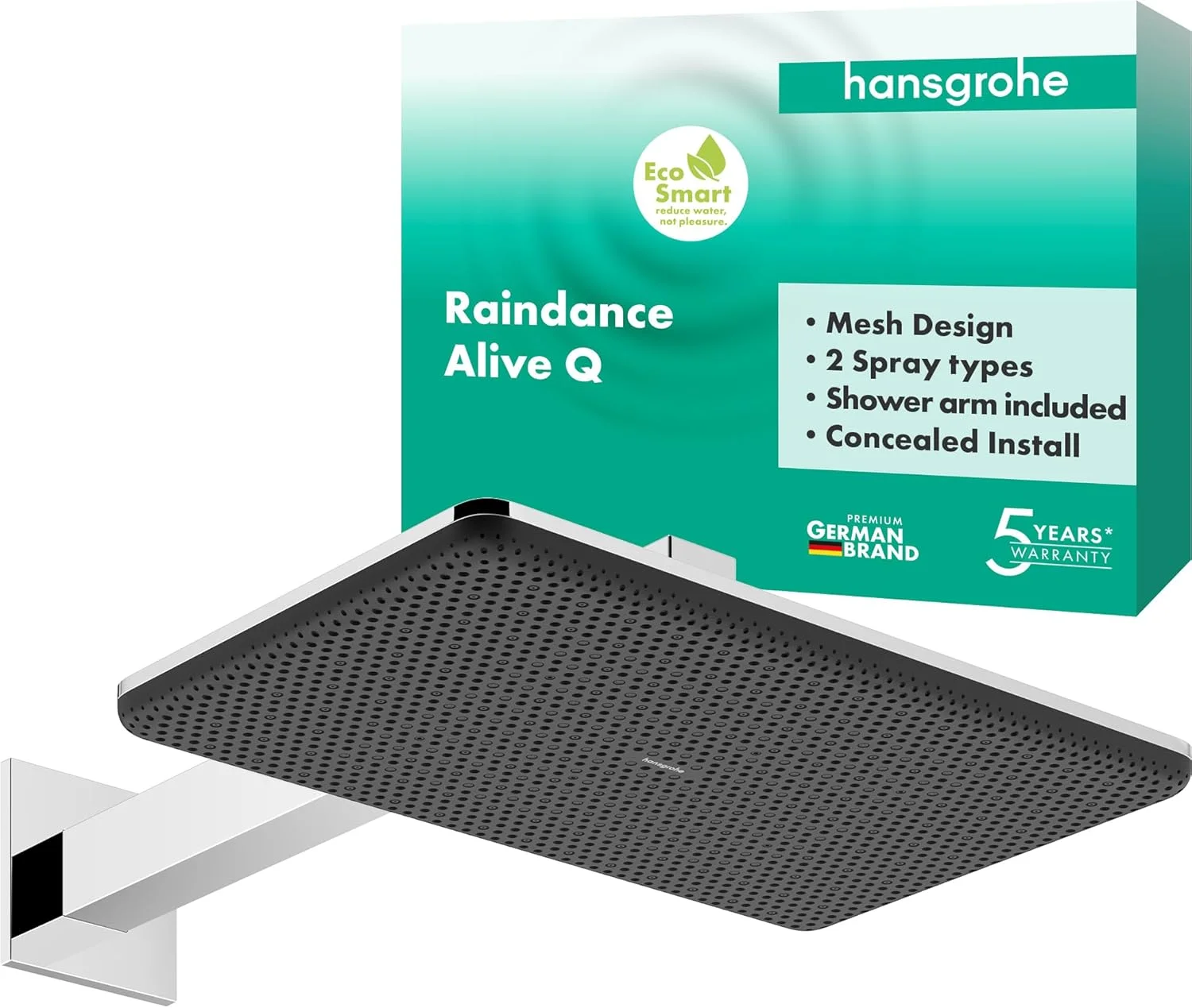 سردوش hansgrohe Raindance Alive Q 24550000 به همراه بازوی دوش 340 x 210 میلی متر، دوش بارانی با 2 نوع جت برای نصب دیواری، سردوش با عملکرد ضد رسوب، کروم