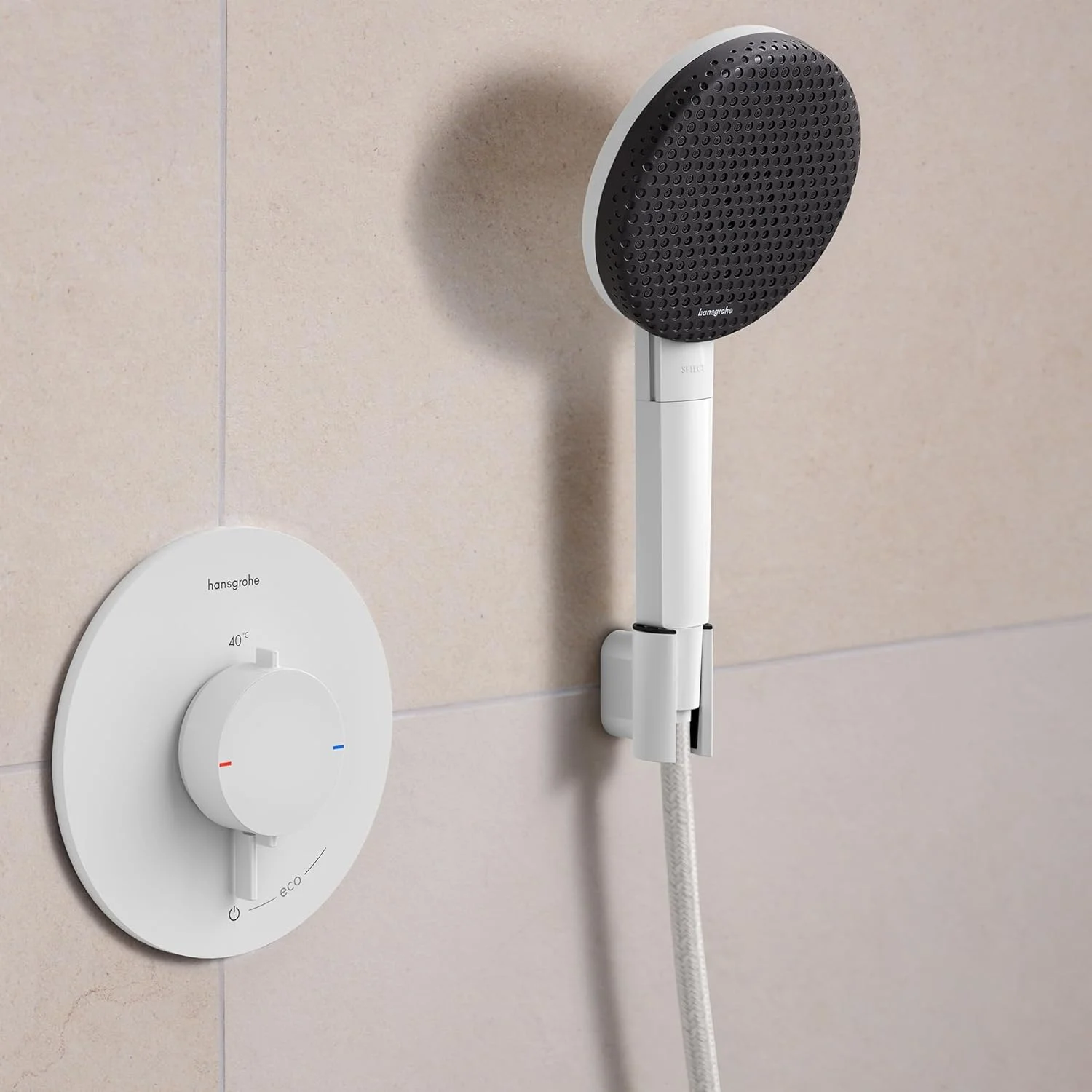 نگهدارنده سردوش تلفنی هانسگروهه Porter Fine 28885700 برای شلنگ های دوش با مهره مخروطی، نگهدارنده سردوش دستی، سفید مات