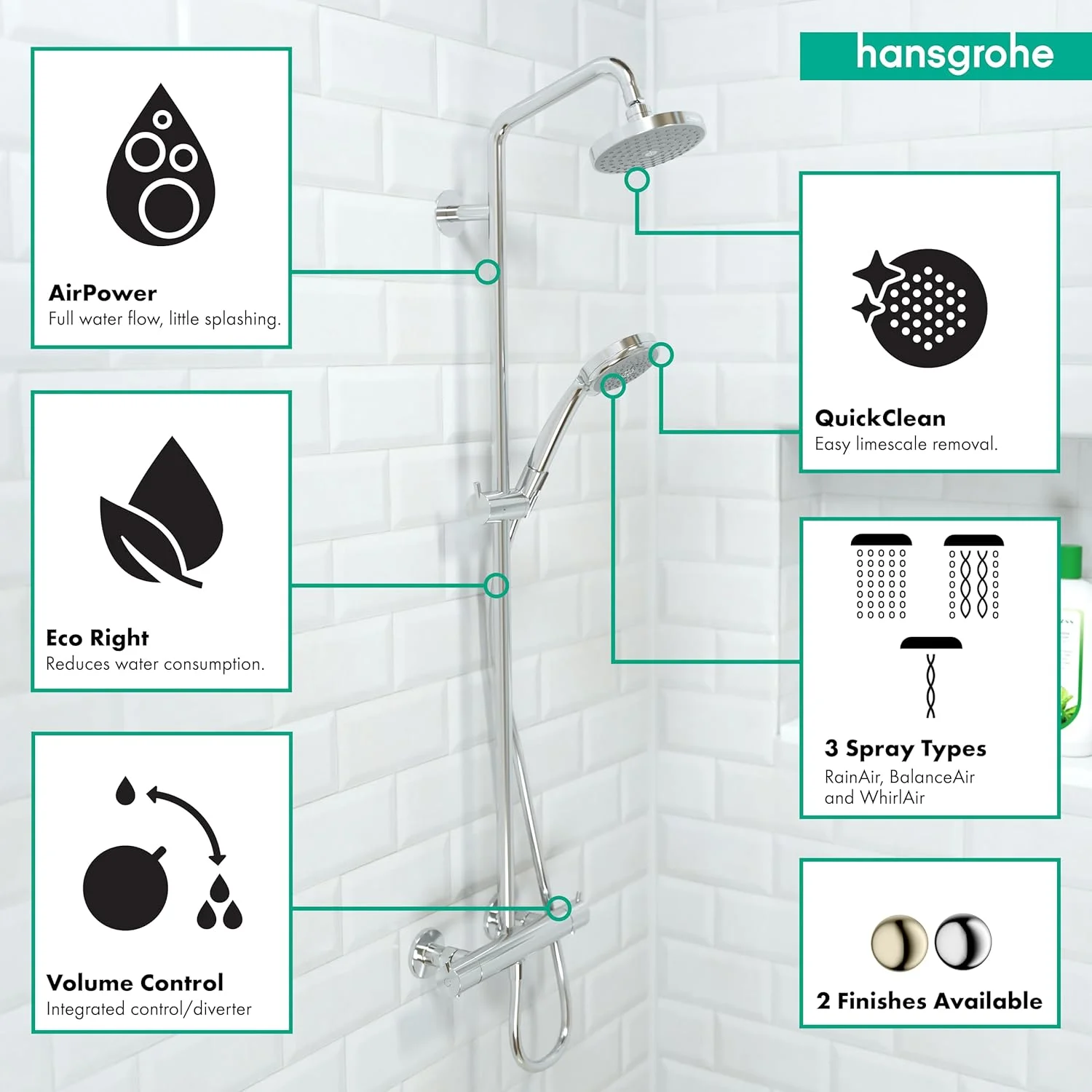 ست دوش کرومای هانسگروهه با قابلیت تنظیم ارتفاع لغزشی، تزریق هوا، اسپری Rain AirPower و سیستم QuickClean مدل 27169001، رنگ کروم